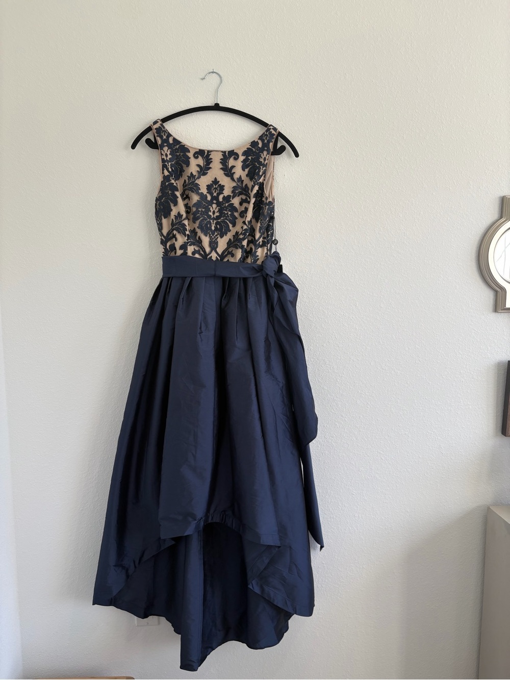 Adrianna Papell Navy and Nude Embroidered High-Low Evening Dress